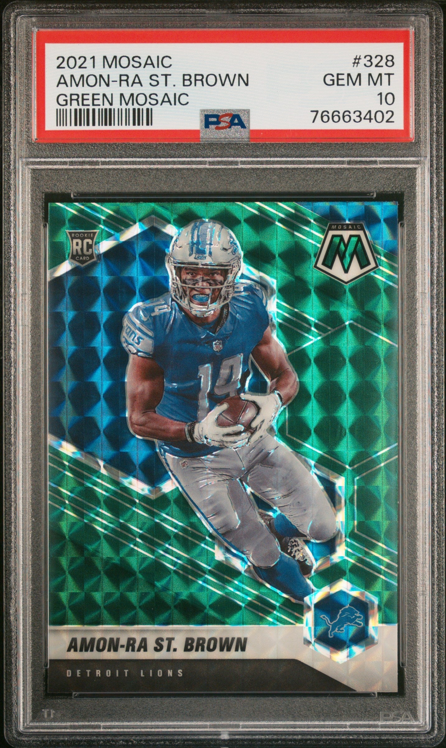 Graded 2021 Panini Mosaic Amon-Ra St. Brown #328 Green Mosaic Rookie RC Football Card PSA 10 Gem Mint