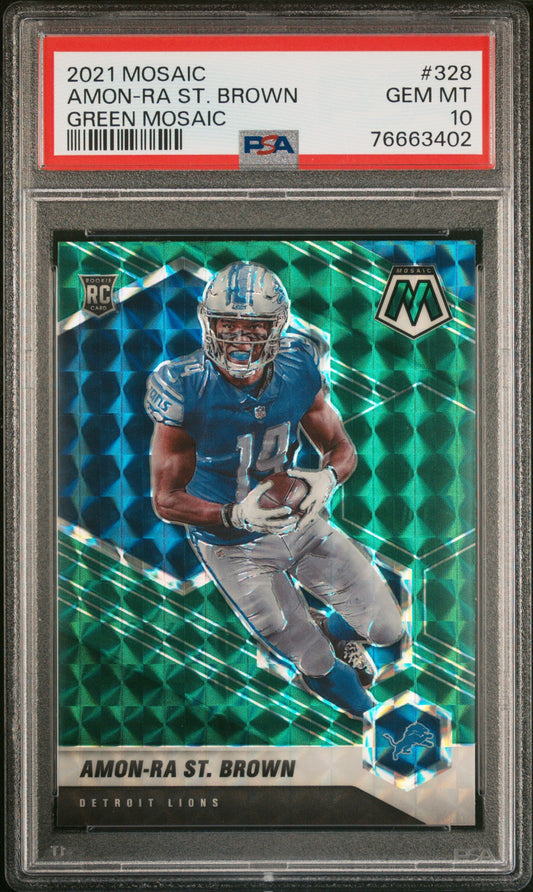 Graded 2021 Panini Mosaic Amon-Ra St. Brown #328 Green Mosaic Rookie RC Football Card PSA 10 Gem Mint