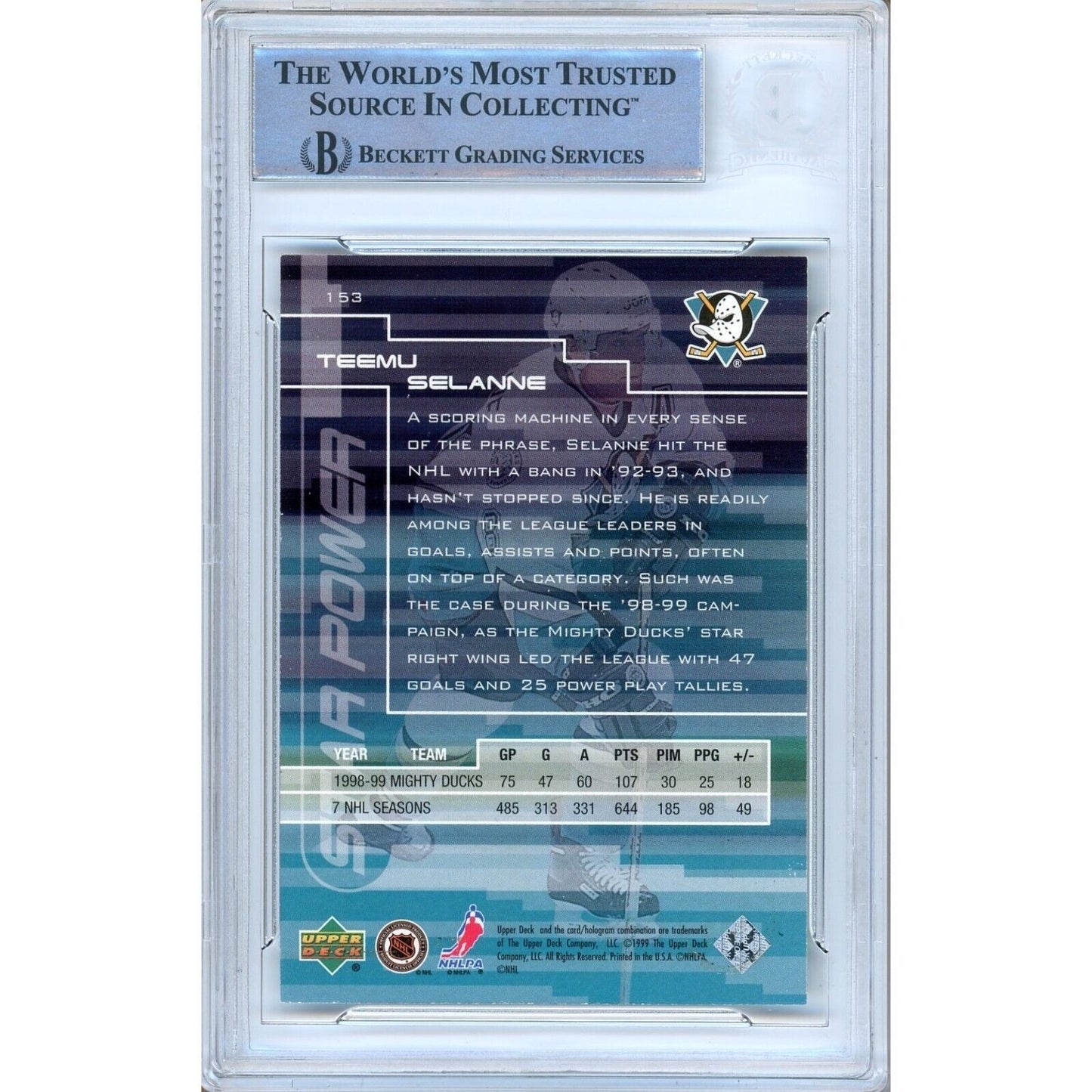 Teemu Selanne Anaheim Ducks Signed 1999-00 Upper Deck SP Card Beckett Auth Auto Slab