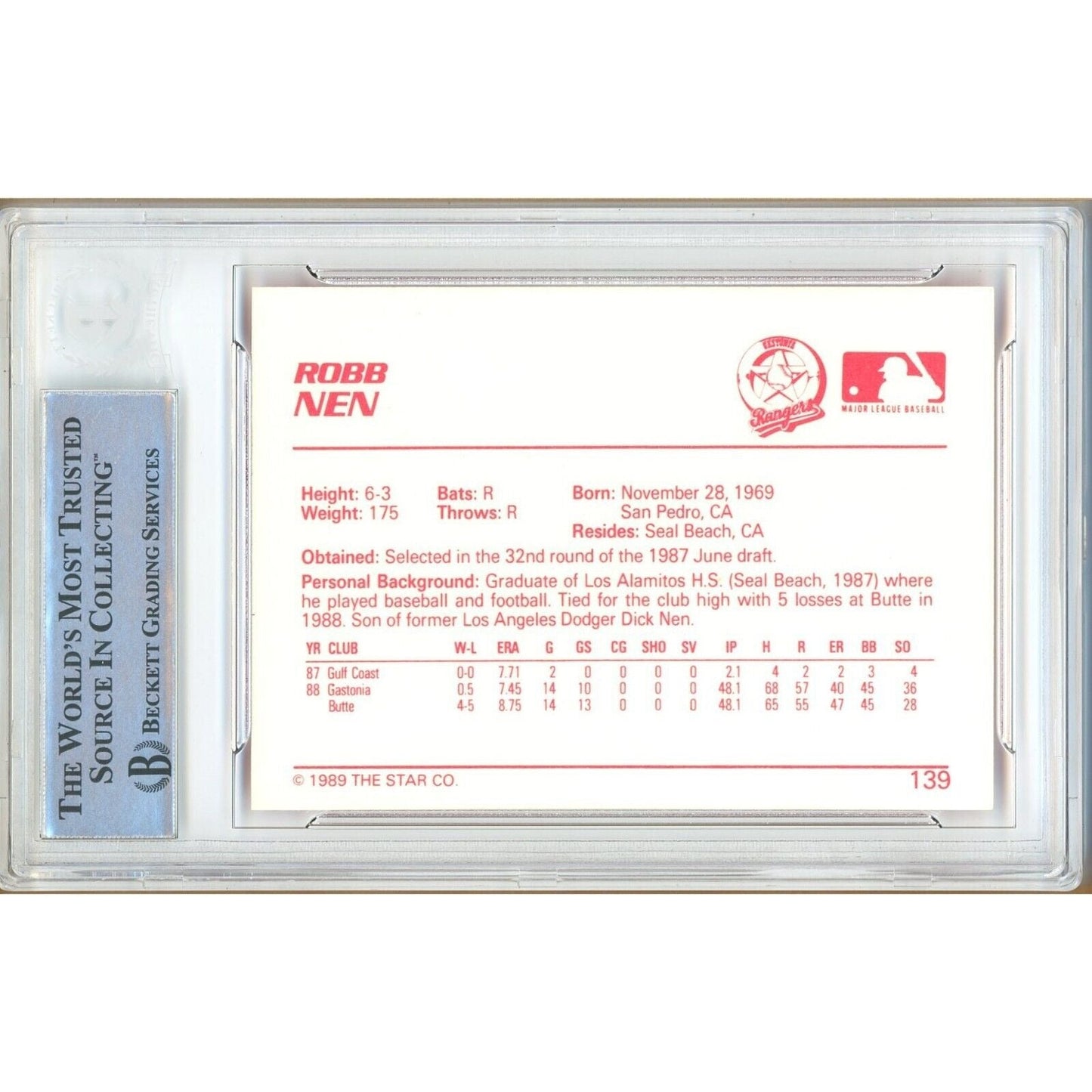 Robb Nen Texas Rangers Signed 1989 Star Rookie Card Beckett Authentic Auto Slab RC