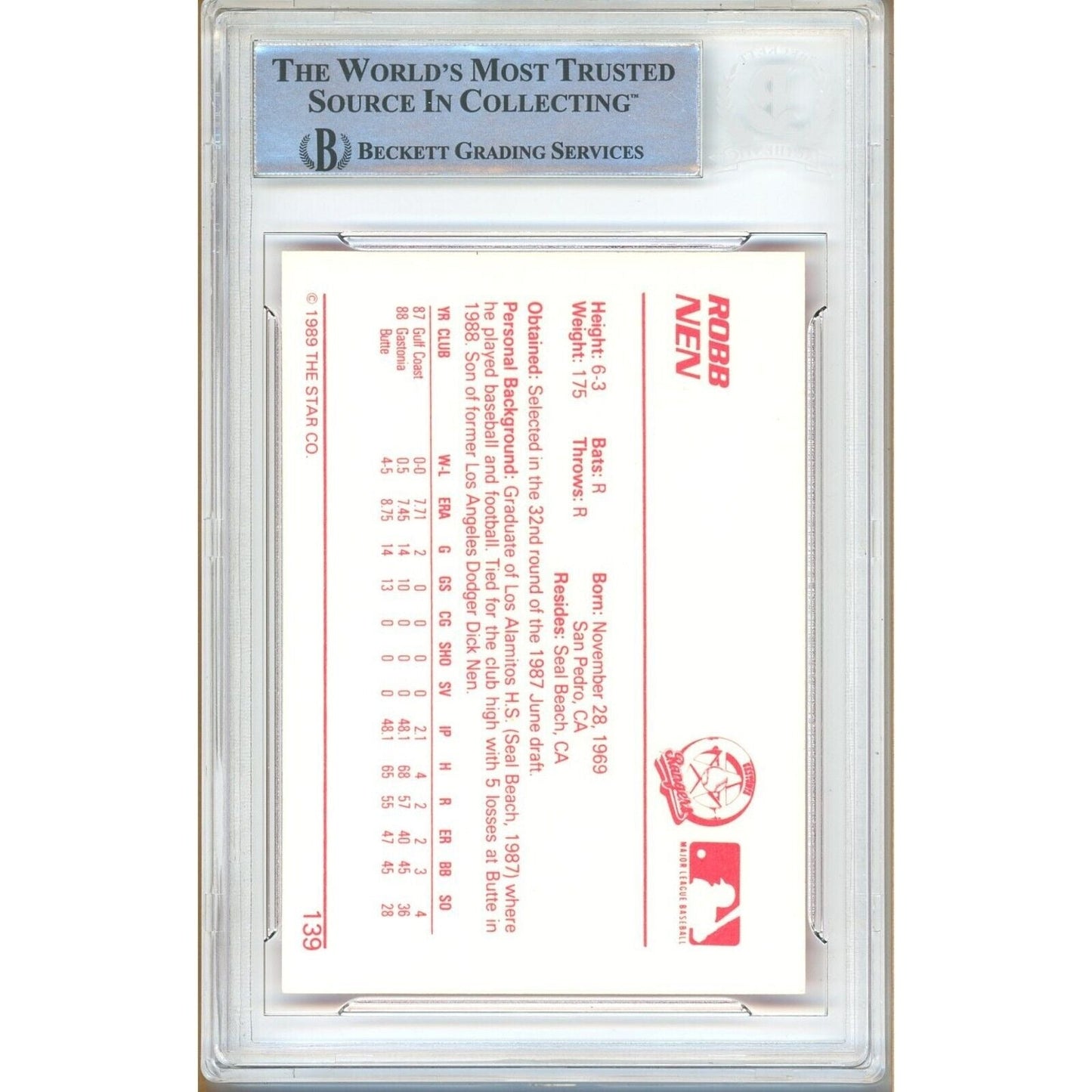 Robb Nen Texas Rangers Signed 1989 Star Rookie Card Beckett Authentic Auto Slab RC