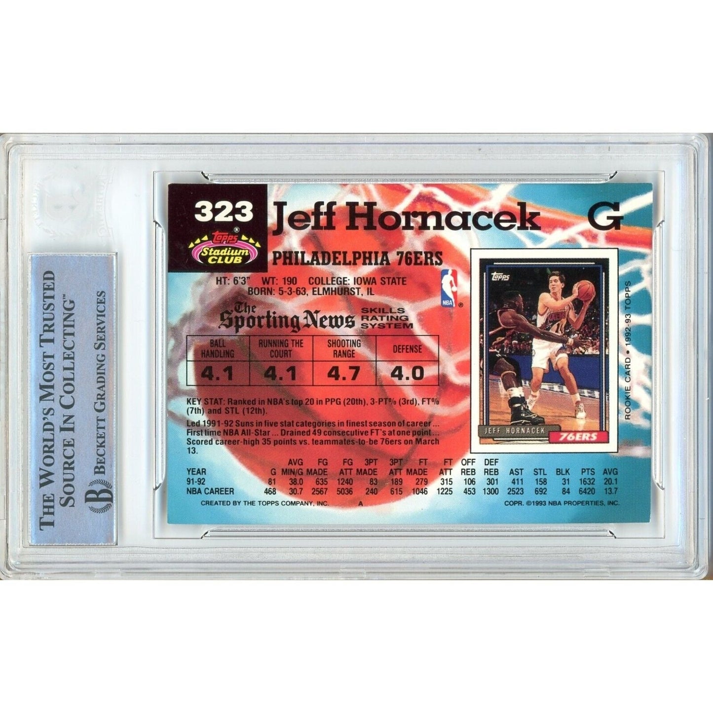 1992-93 Topps Stadium Club #323 — Jeff Hornacek 76ers Autographed Trading Card — Beckett Authentication