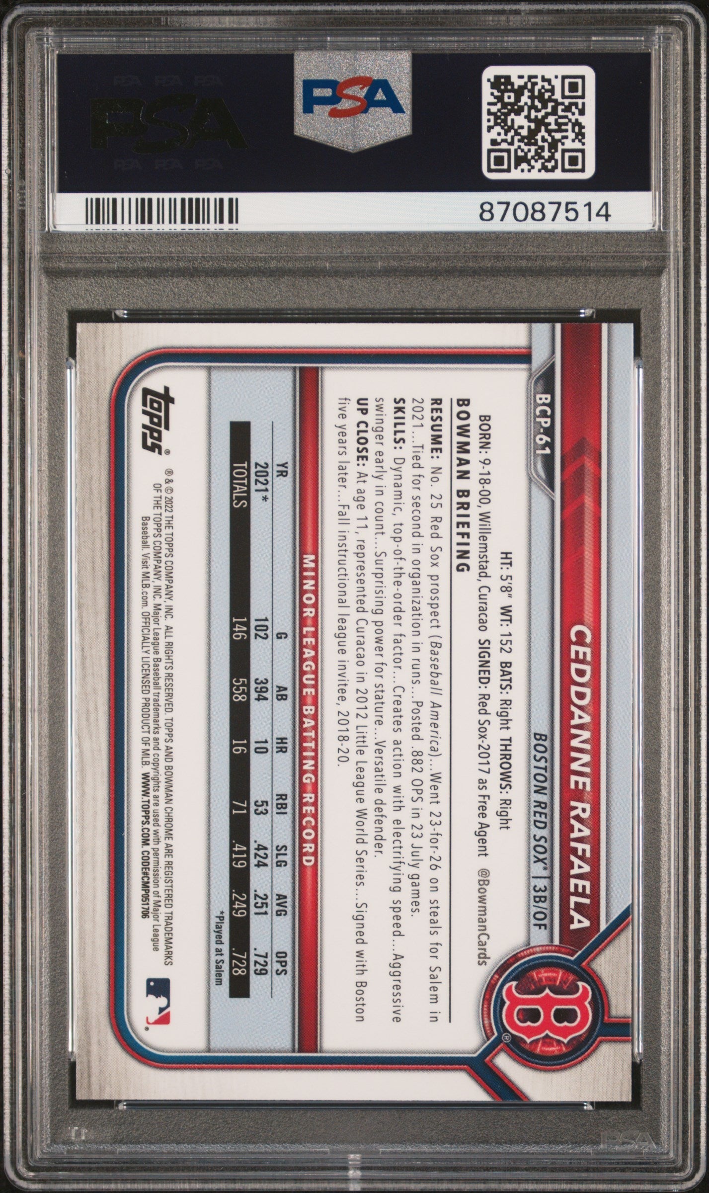 Graded 2022 Topps Bowman Ceddanne Rafaela #BCP61 Chrome Prospects Rookie RC Baseball Card PSA 10 Gem Mint