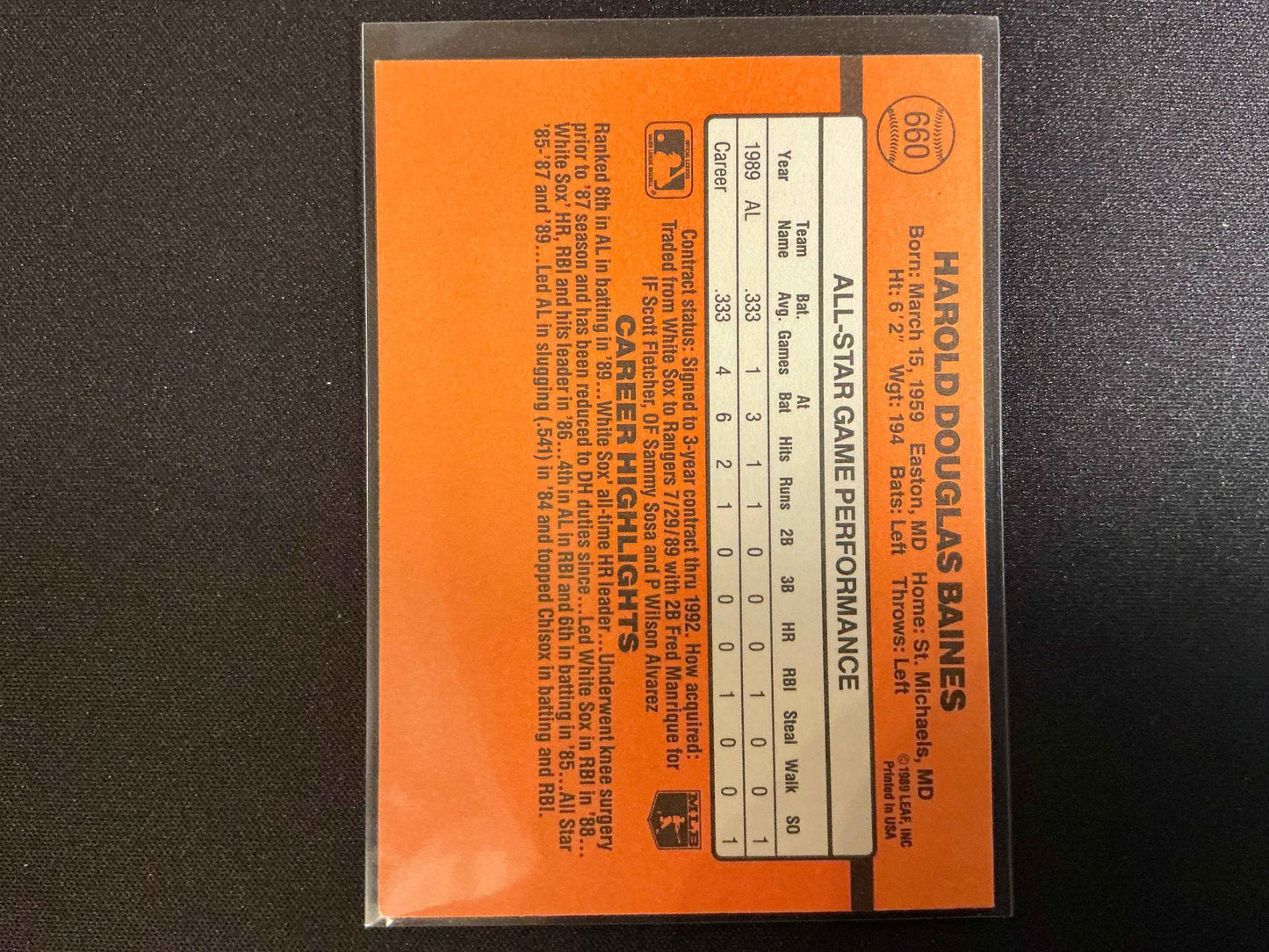 1990 Donruss #660 Harold Baines No . after INC Error Card