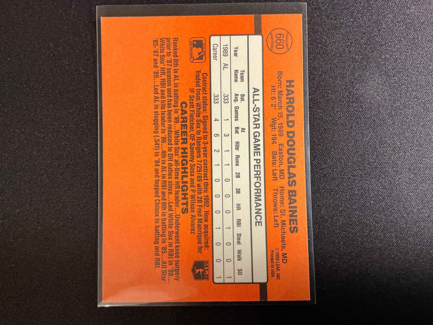 1990 Donruss #660 Harold Baines No . after INC Error Card