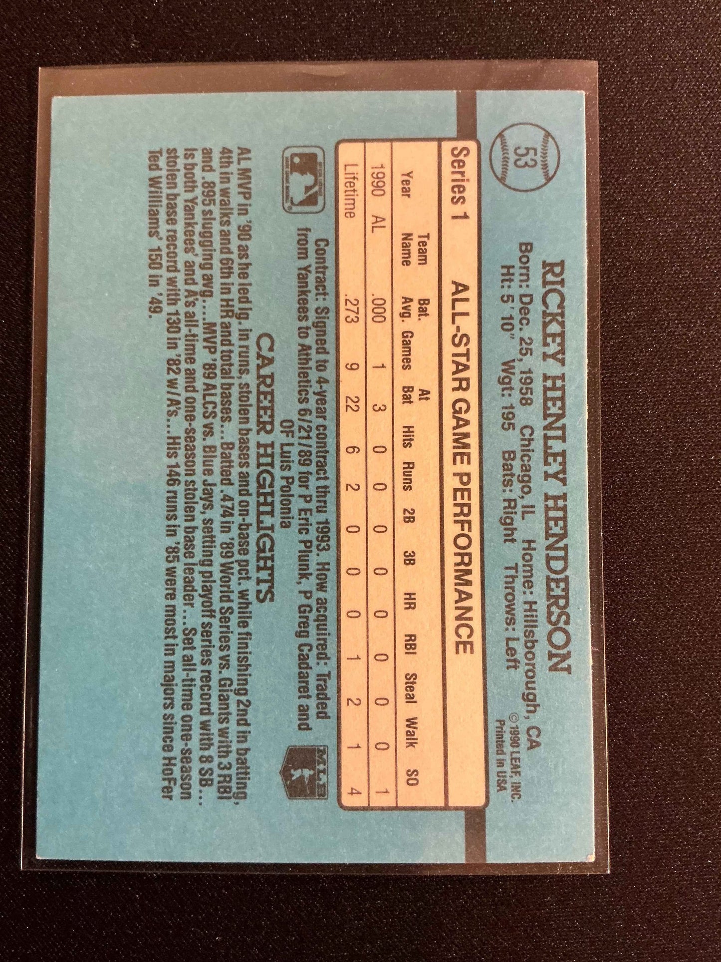 1991 Donruss #53 Rickey Henderson All Star Card
