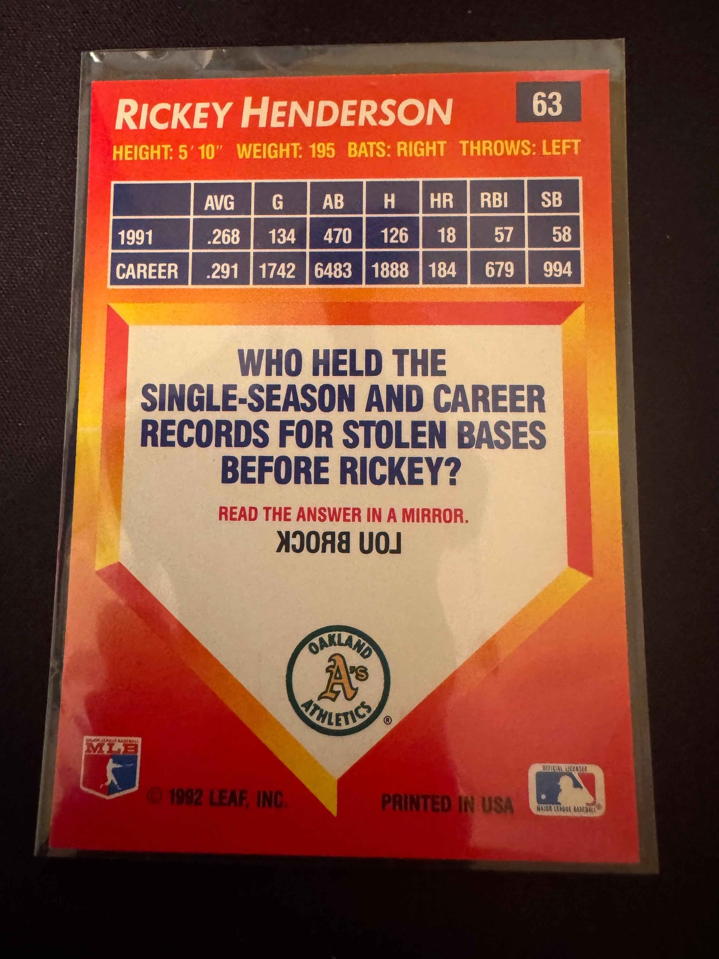 1992 Donruss Triple Play #63 Rickey Henderson Card