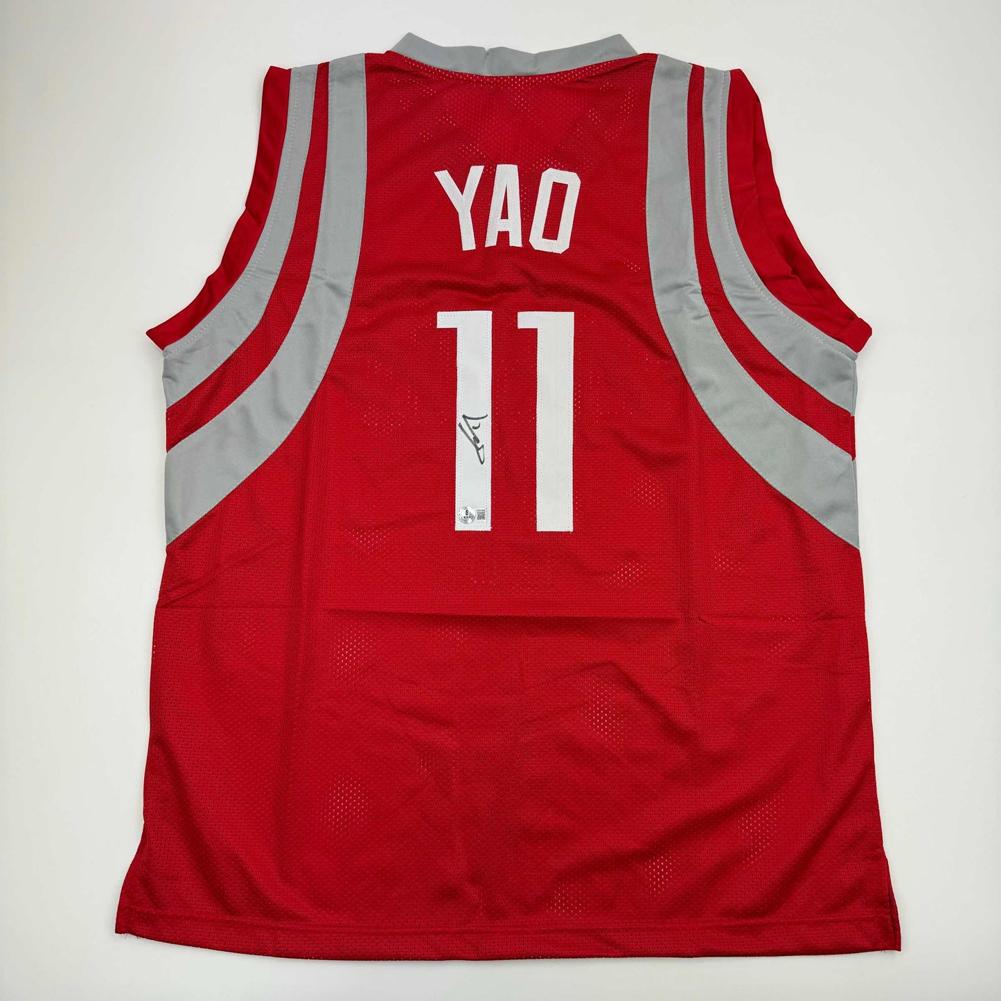 Autographed/Signed Yao Ming Houston Red Basketball Jersey Beckett BAS COA - Sport Cards