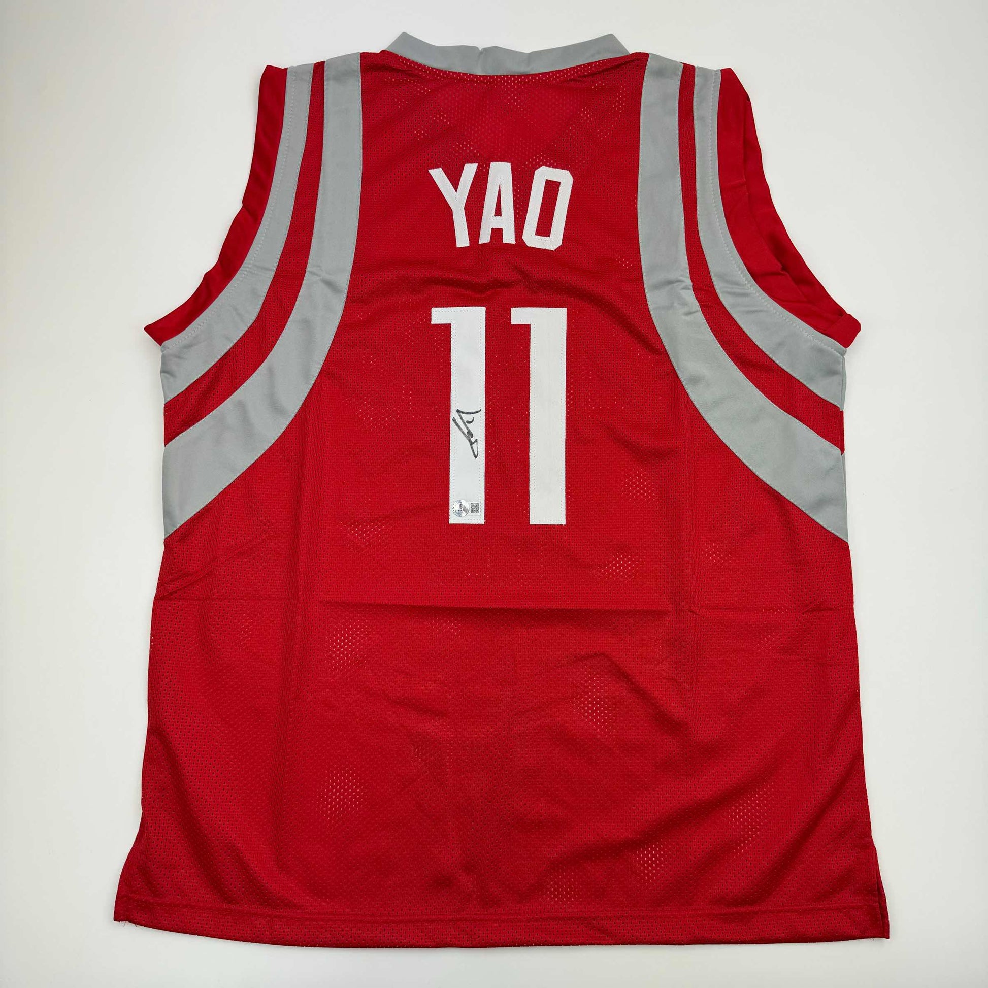 Autographed/Signed Yao Ming Houston Red Basketball Jersey Beckett BAS COA - Sport Cards