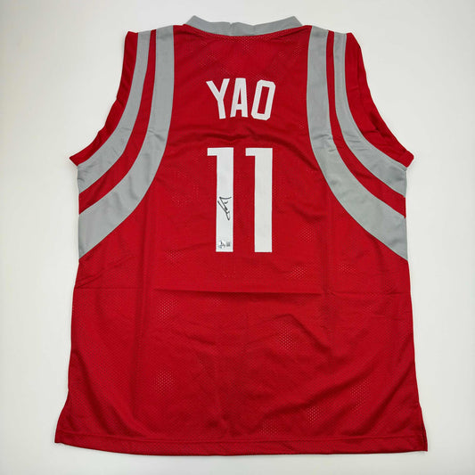 Autographed/Signed Yao Ming Houston Red Basketball Jersey Beckett BAS COA - Sport Cards