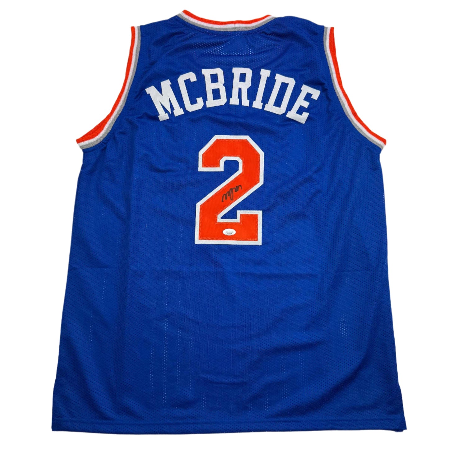Autographed/Signed Miles Deuce McBride New York Blue Basketball Jersey JSA COA - Sport Cards