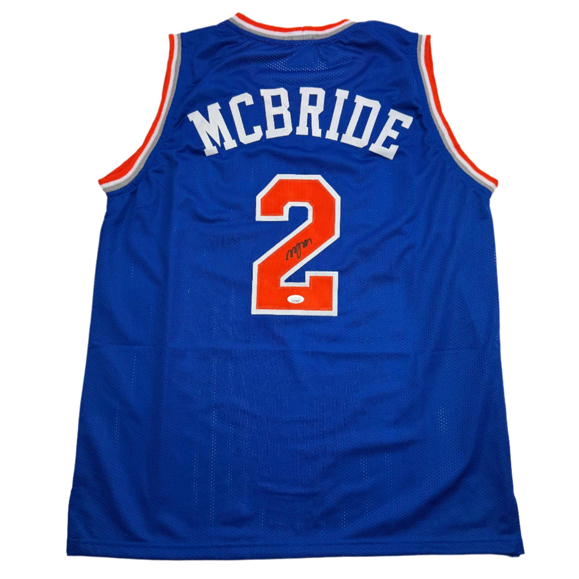 Autographed/Signed Miles Deuce McBride New York Blue Basketball Jersey JSA COA - Sport Cards