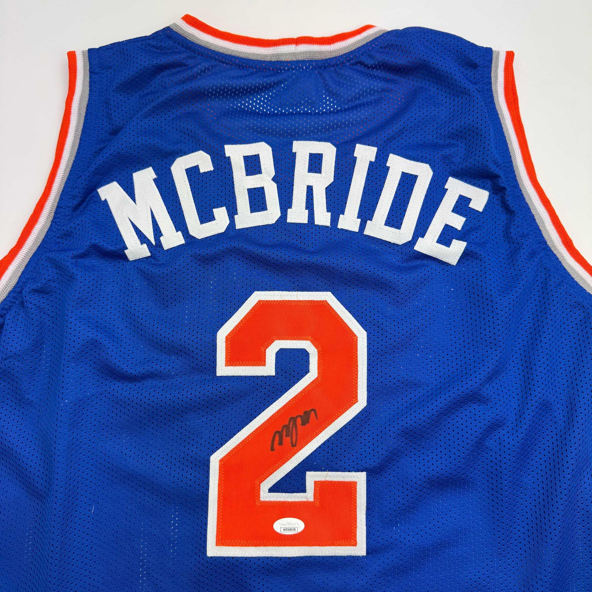 Autographed/Signed Miles Deuce McBride New York Blue Basketball Jersey JSA COA - Sport Cards