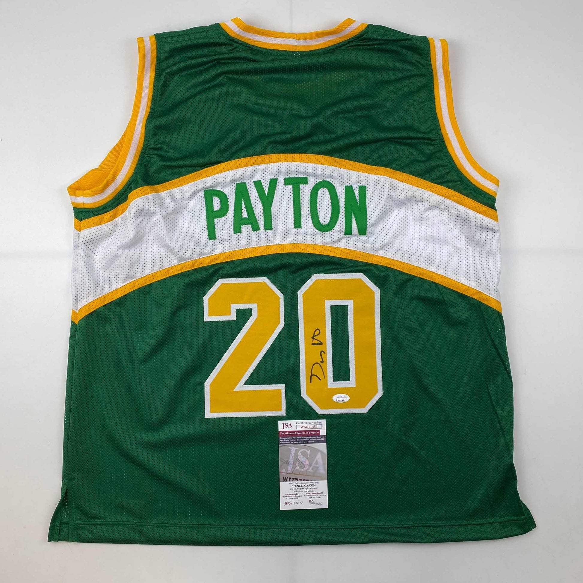 Autographed/Signed Gary Payton Seattle Green Basketball Jersey JSA COA - Sport Cards