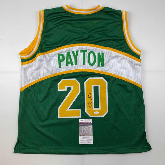 Autographed/Signed Gary Payton Seattle Green Basketball Jersey JSA COA - Sport Cards