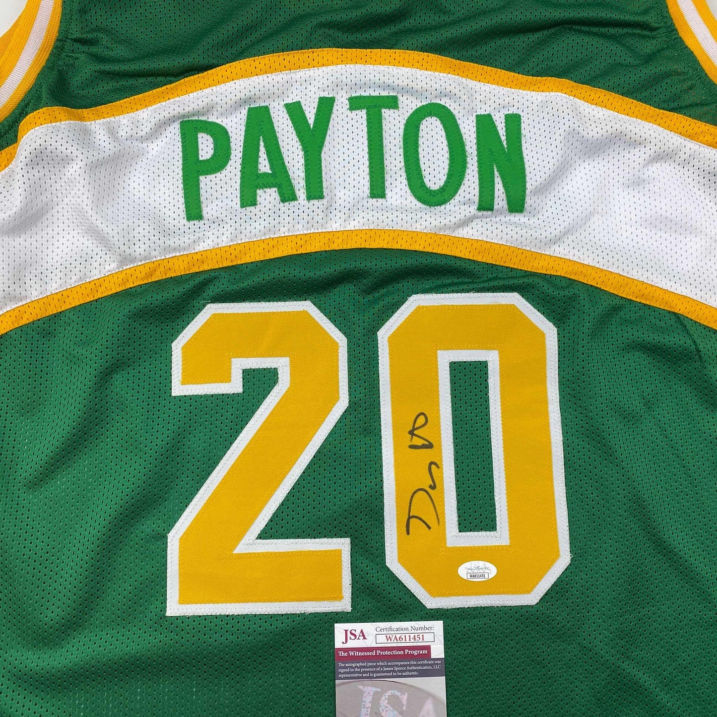 Autographed/Signed Gary Payton Seattle Green Basketball Jersey JSA COA - Sport Cards