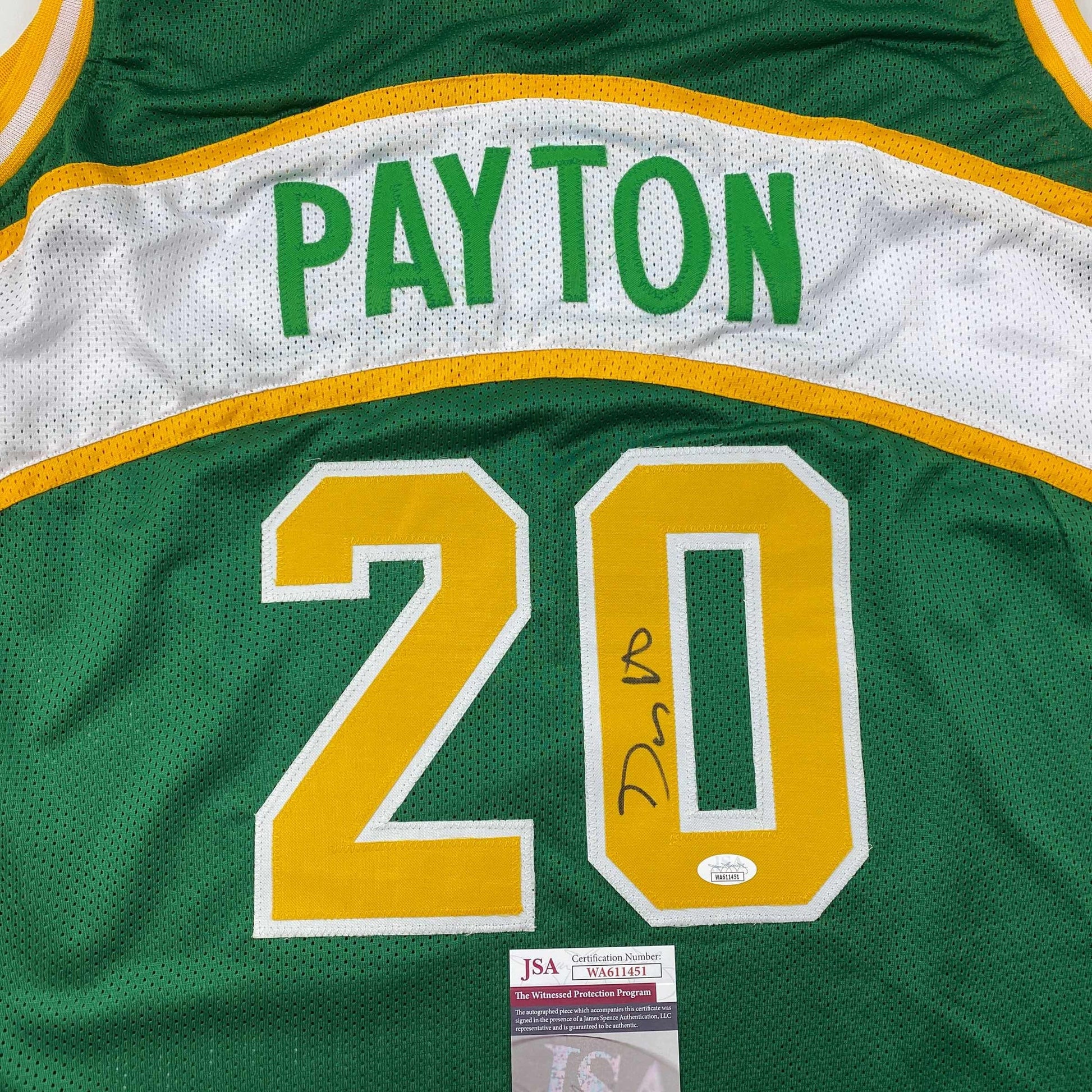 Autographed/Signed Gary Payton Seattle Green Basketball Jersey JSA COA - Sport Cards