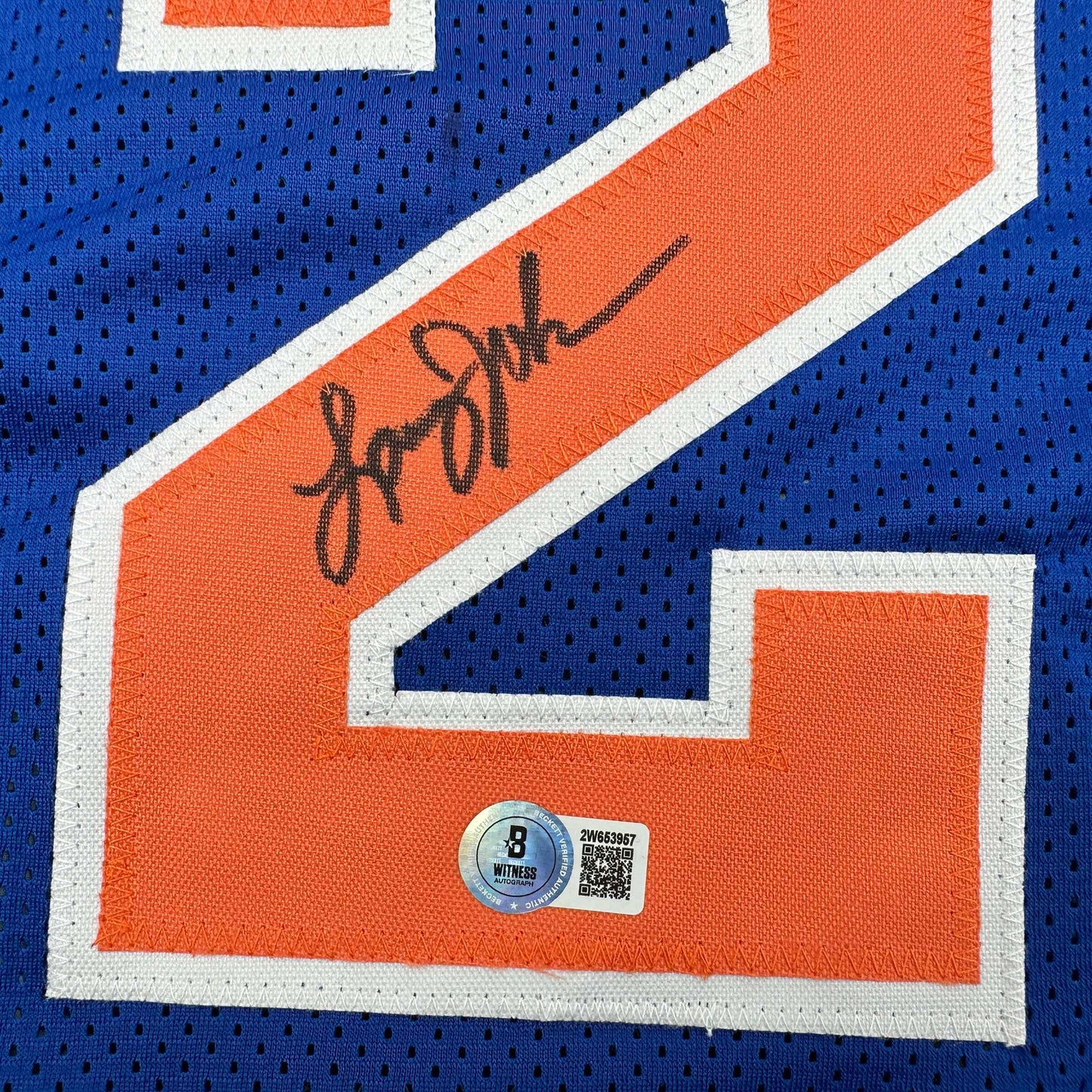 Autographed/Signed Larry Johnson New York Blue Basketball Jersey Beckett BAS COA - Sport Cards