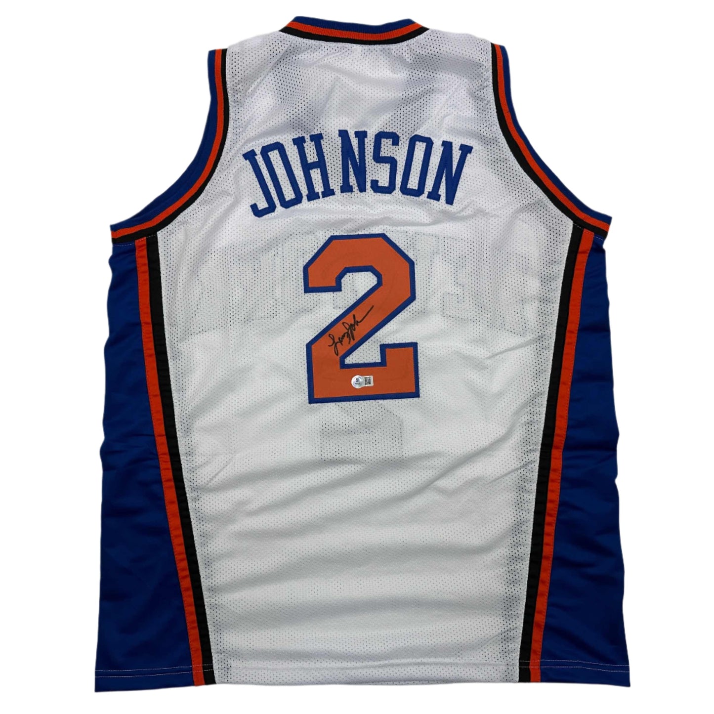 Autographed/Signed Larry Johnson New York White Basketball Jersey Beckett BAS COA - Sport Cards