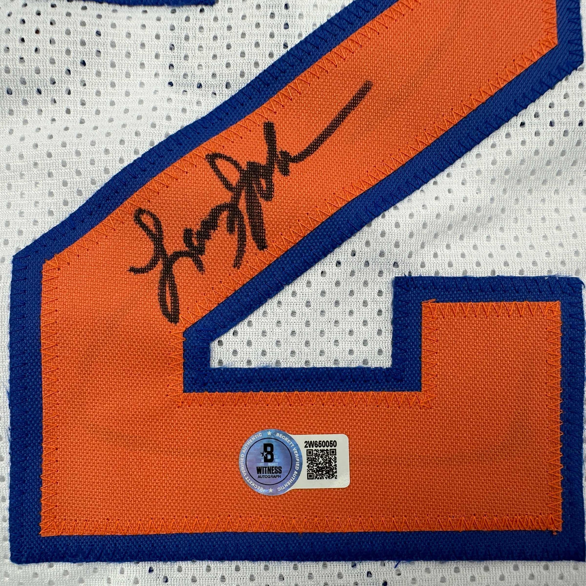 Autographed/Signed Larry Johnson New York White Basketball Jersey Beckett BAS COA - Sport Cards
