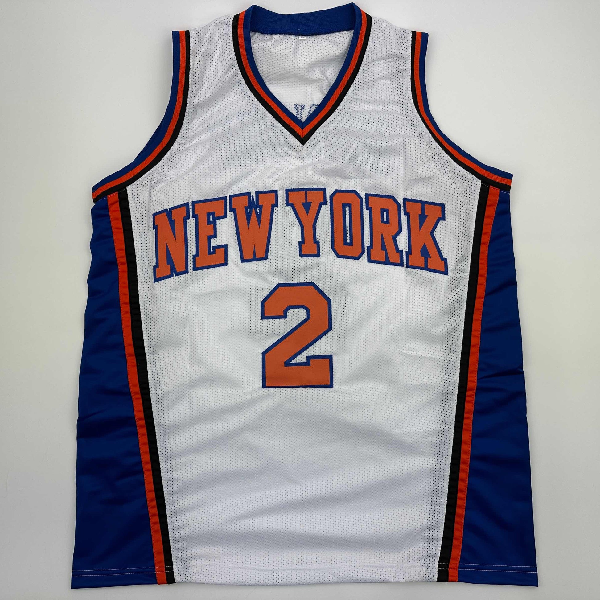 Autographed/Signed Larry Johnson New York White Basketball Jersey Beckett BAS COA - Sport Cards