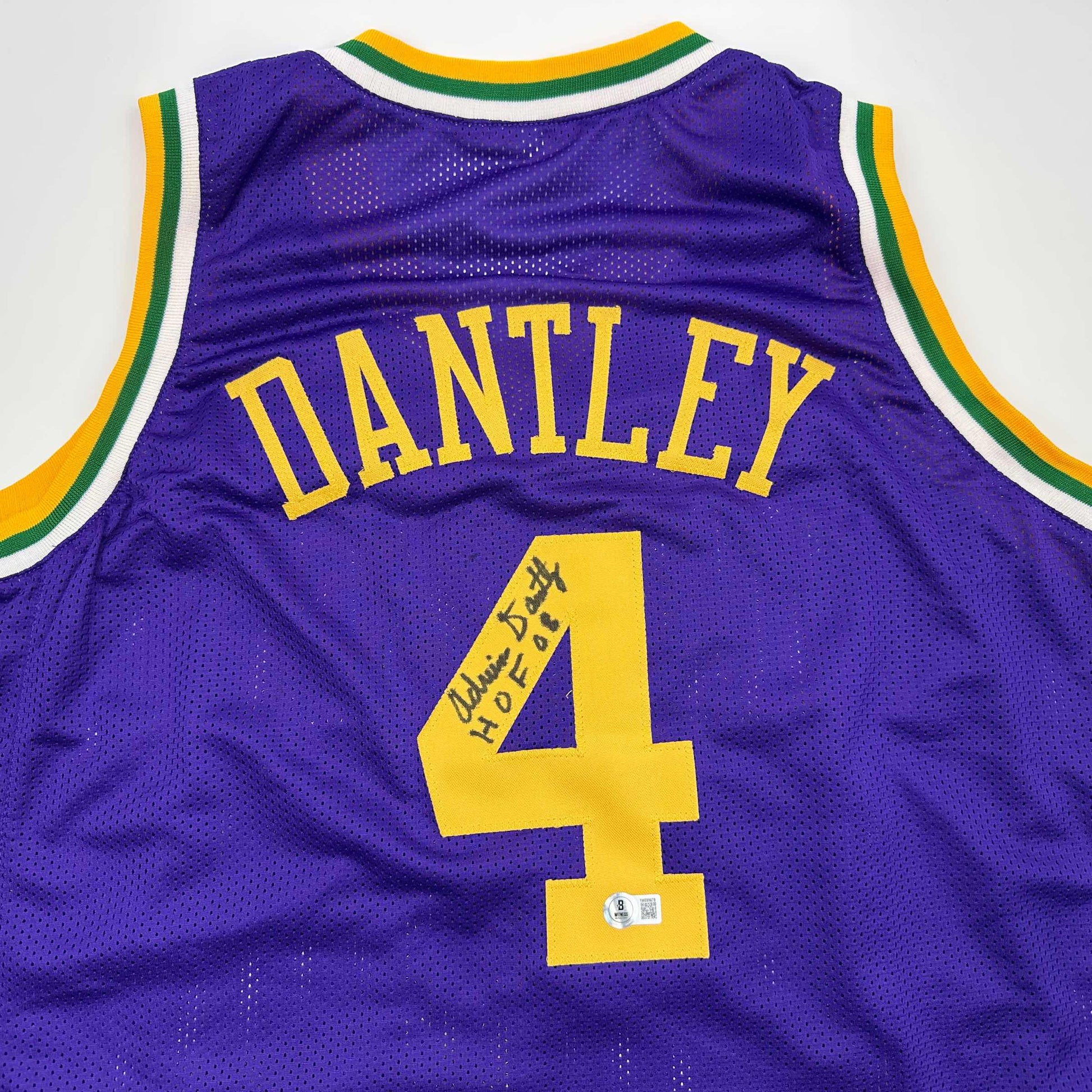 Autographed/Signed Adrian Dantley HOF 2008 Utah Purple Basketball Jersey Beckett BAS COA - Sport Cards