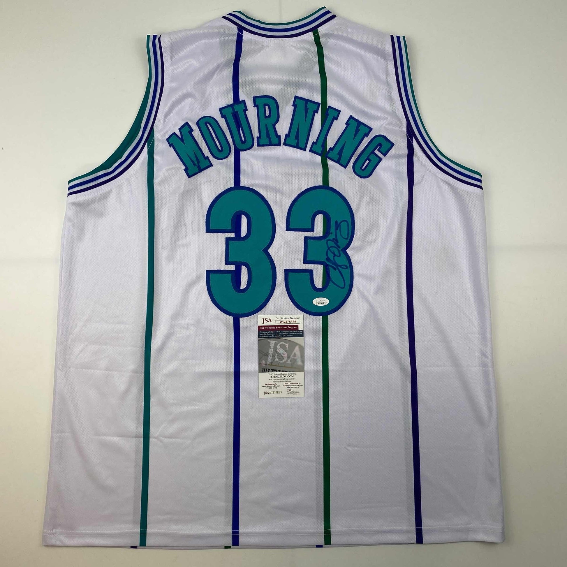 Autographed/Signed Alonzo Mourning Charlotte White Basketball Jersey JSA COA - Sport Cards