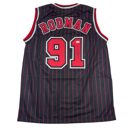 Autographed/Signed Dennis Rodman Chicago Pinstripe Basketball Jersey Beckett BAS COA - Sport Cards