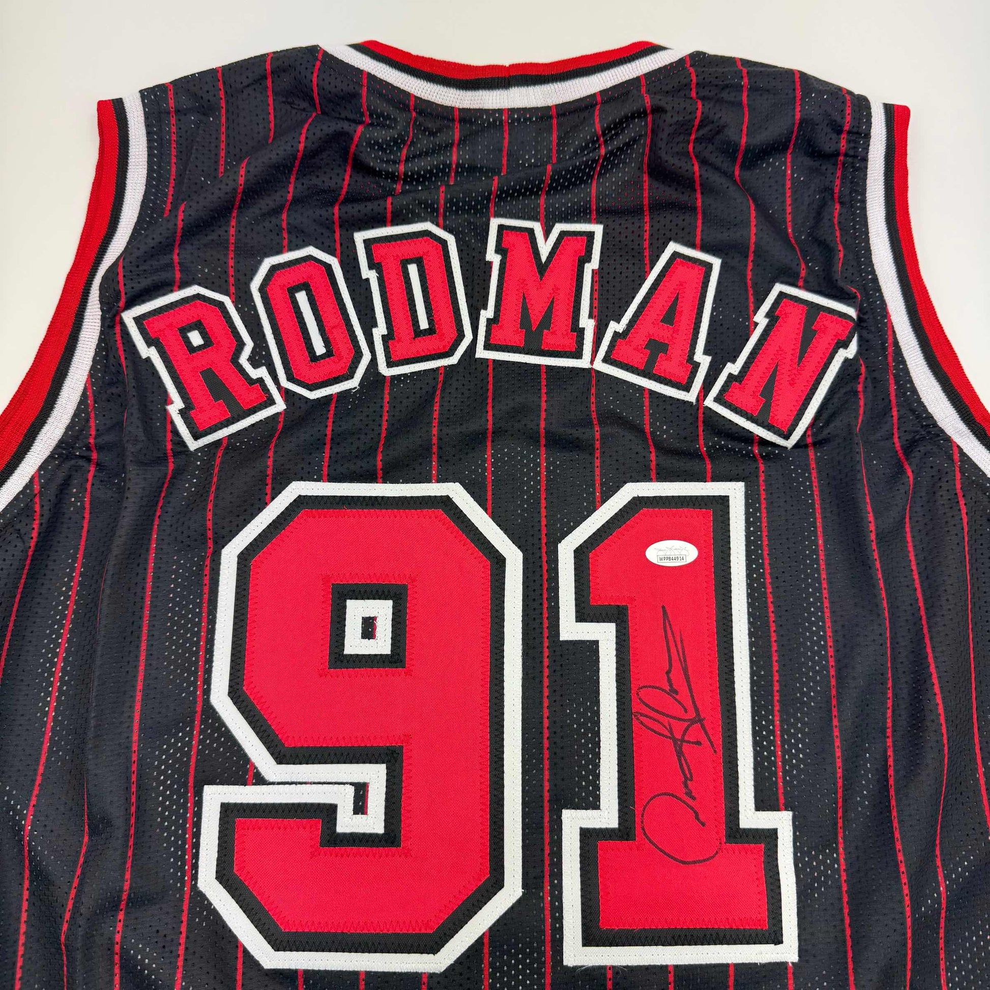 Autographed/Signed Dennis Rodman Chicago Pinstripe Basketball Jersey Beckett BAS COA - Sport Cards