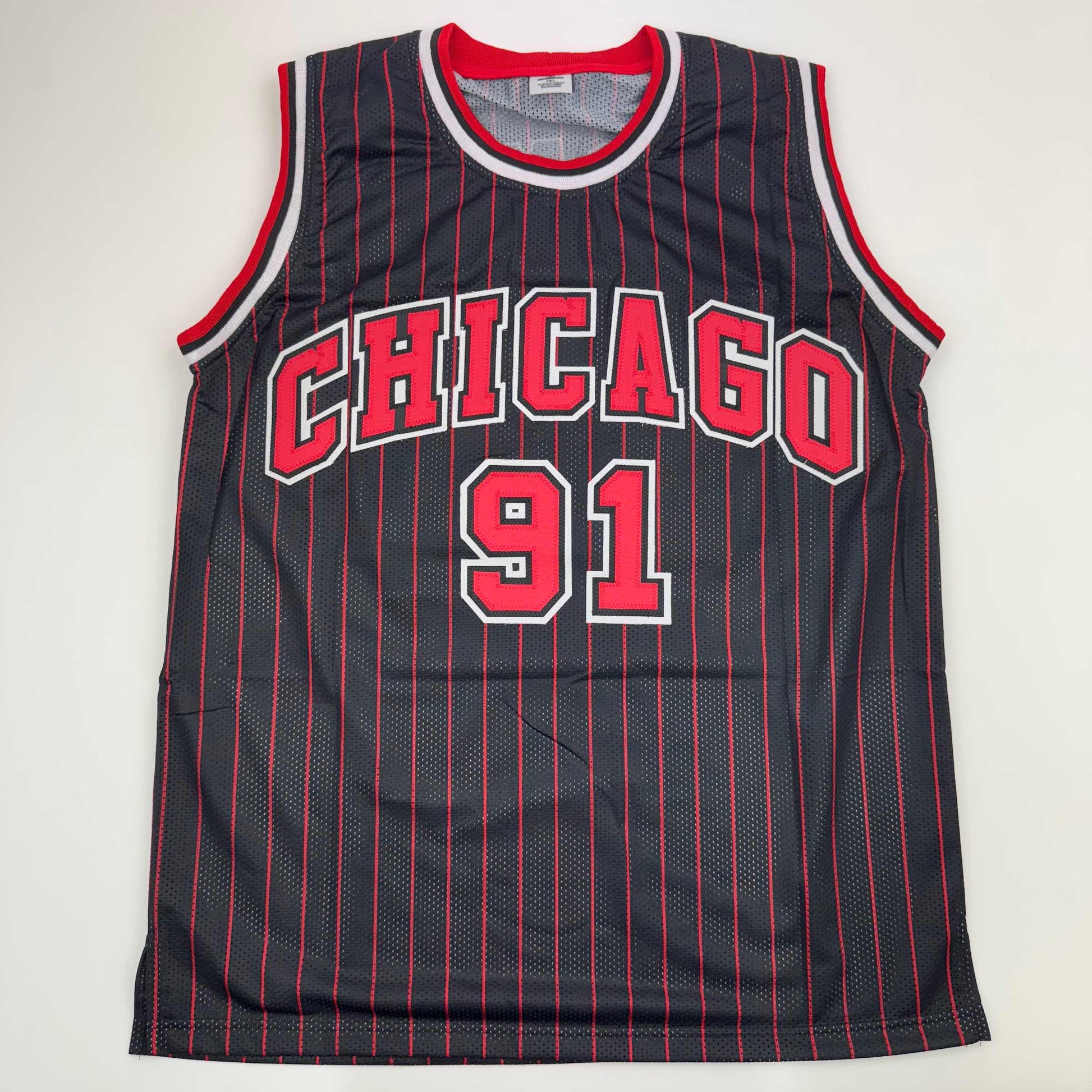 Autographed/Signed Dennis Rodman Chicago Pinstripe Basketball Jersey Beckett BAS COA - Sport Cards