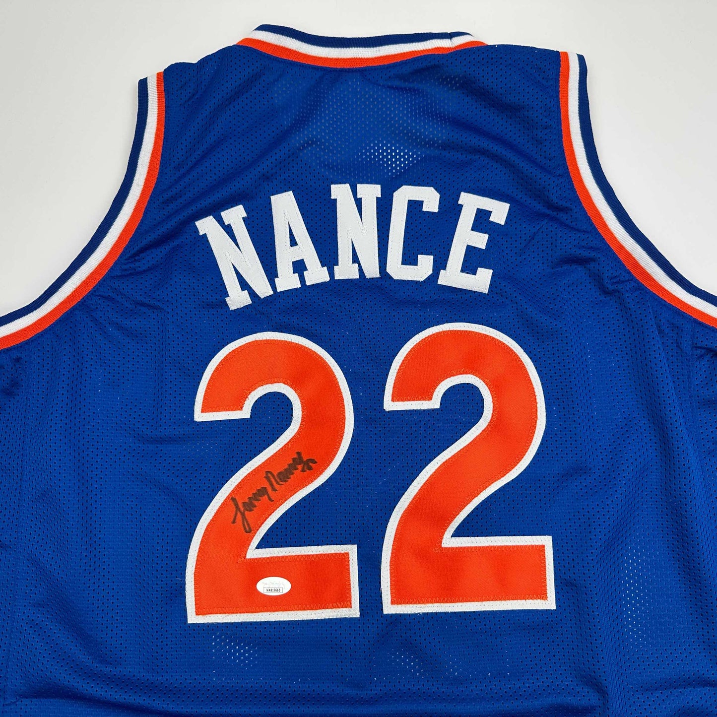 Autographed/Signed Larry Nance Cleveland Blue Basketball Jersey JSA COA - Sport Cards