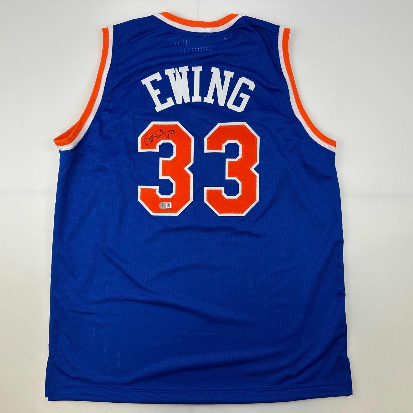 Autographed/Signed Patrick Ewing New York Blue Basketball Jersey Beckett BAS COA - Sport Cards