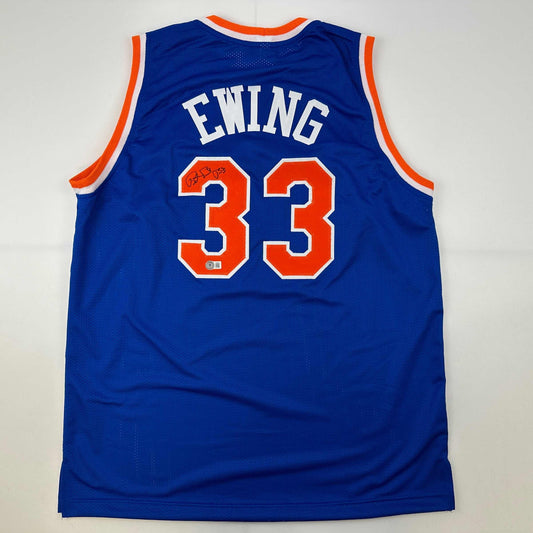 Autographed/Signed Patrick Ewing New York Blue Basketball Jersey Beckett BAS COA - Sport Cards