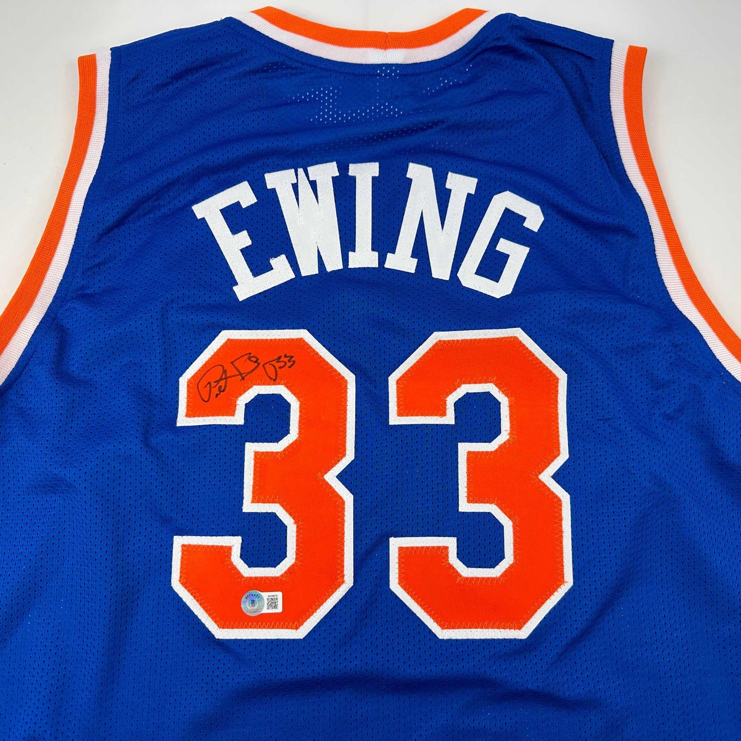 Autographed/Signed Patrick Ewing New York Blue Basketball Jersey Beckett BAS COA - Sport Cards