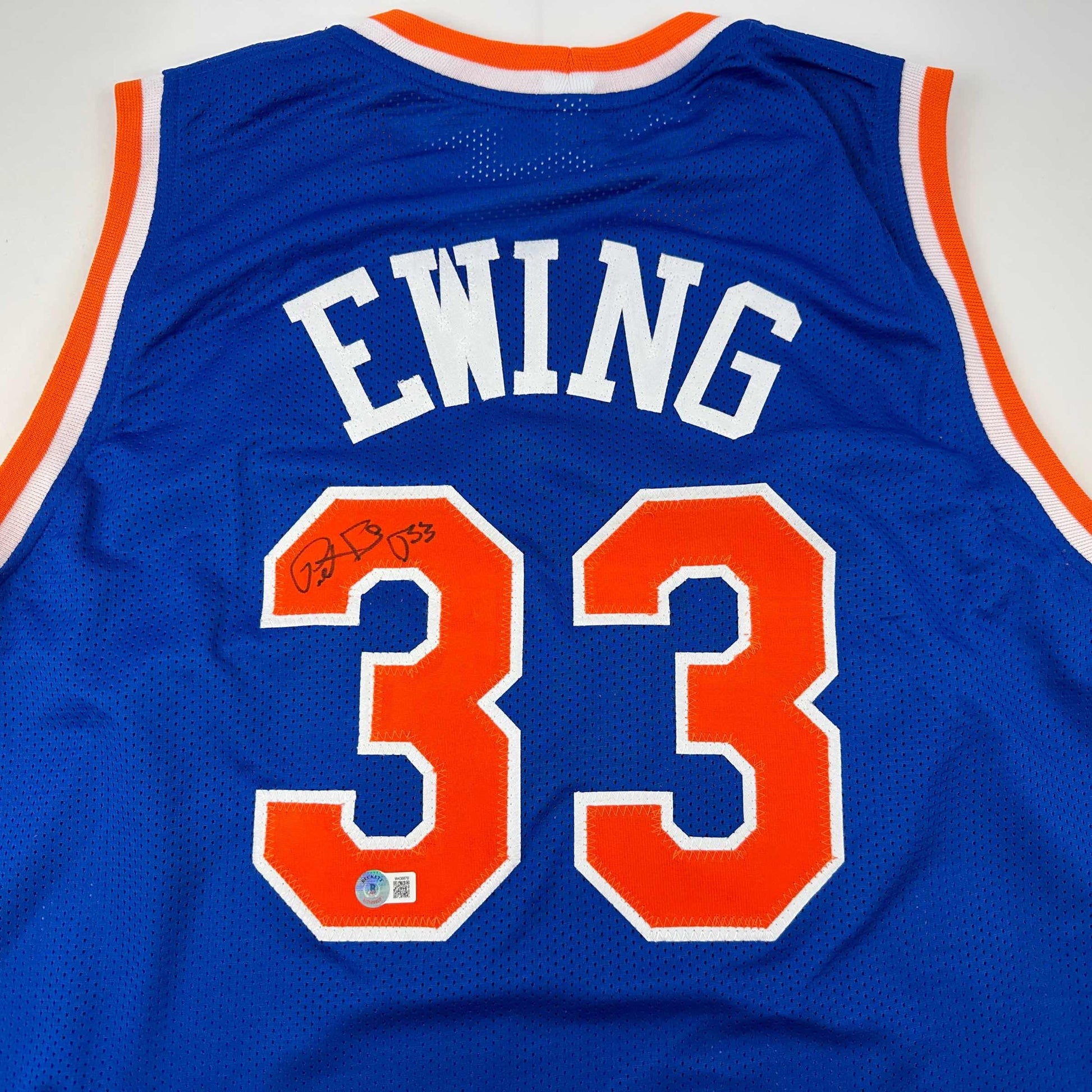 Autographed/Signed Patrick Ewing New York Blue Basketball Jersey Beckett BAS COA - Sport Cards