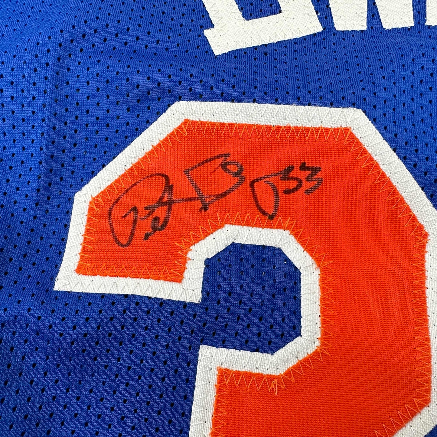 Autographed/Signed Patrick Ewing New York Blue Basketball Jersey Beckett BAS COA - Sport Cards