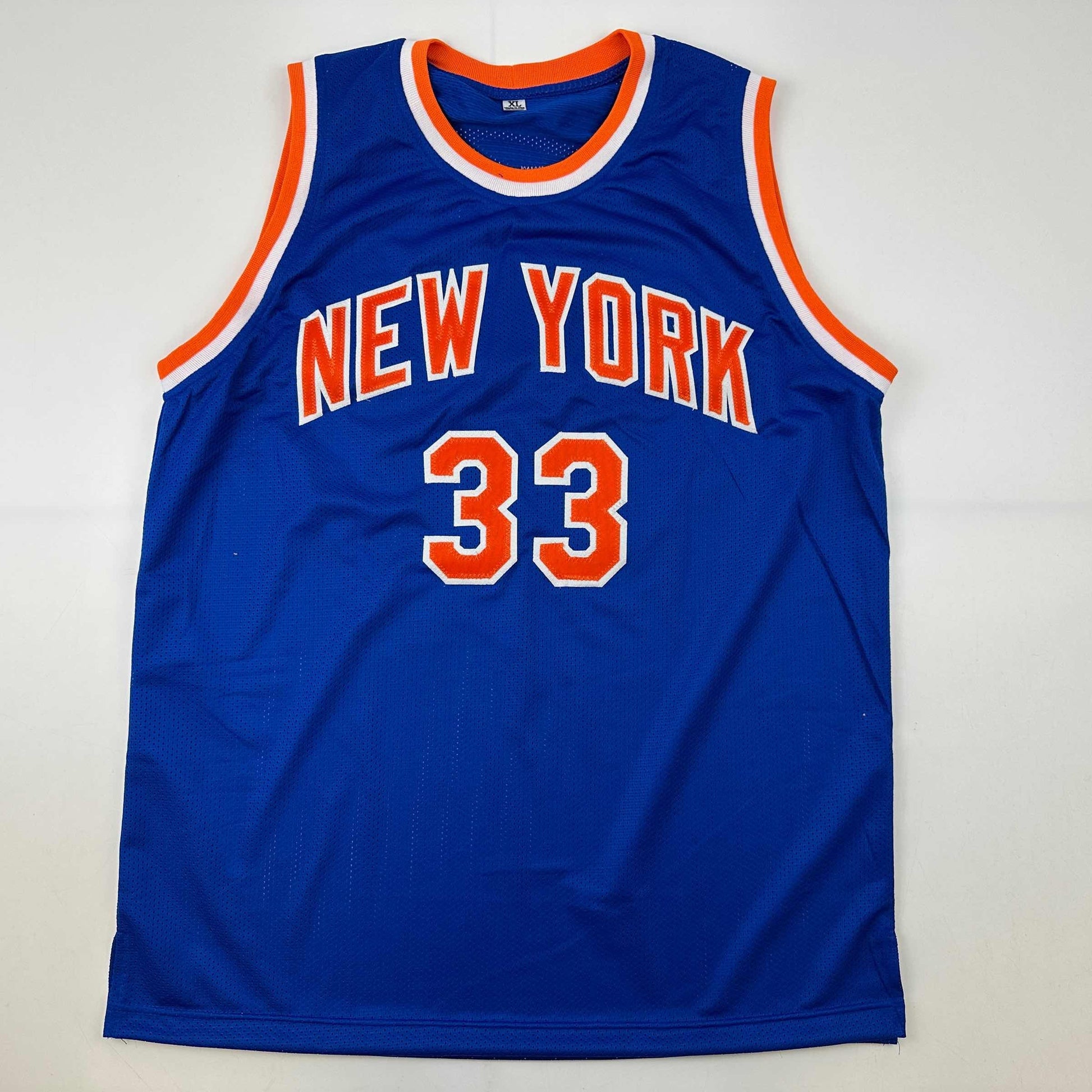 Autographed/Signed Patrick Ewing New York Blue Basketball Jersey Beckett BAS COA - Sport Cards