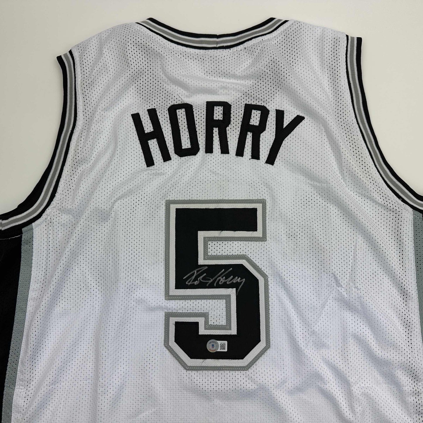Autographed/Signed Robert Horry San Antonio White Basketball Jersey Beckett BAS COA - Sport Cards