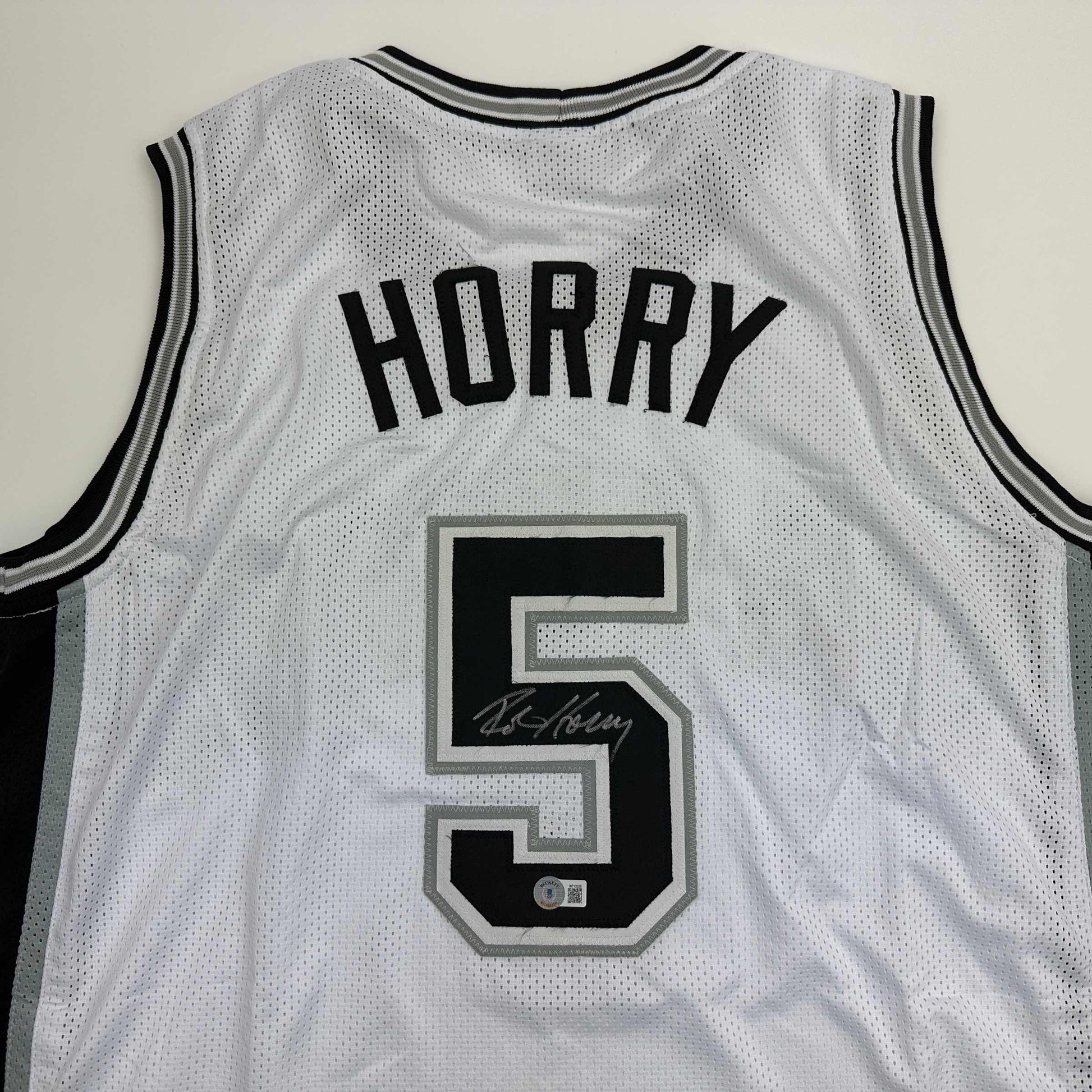 Autographed/Signed Robert Horry San Antonio White Basketball Jersey Beckett BAS COA - Sport Cards