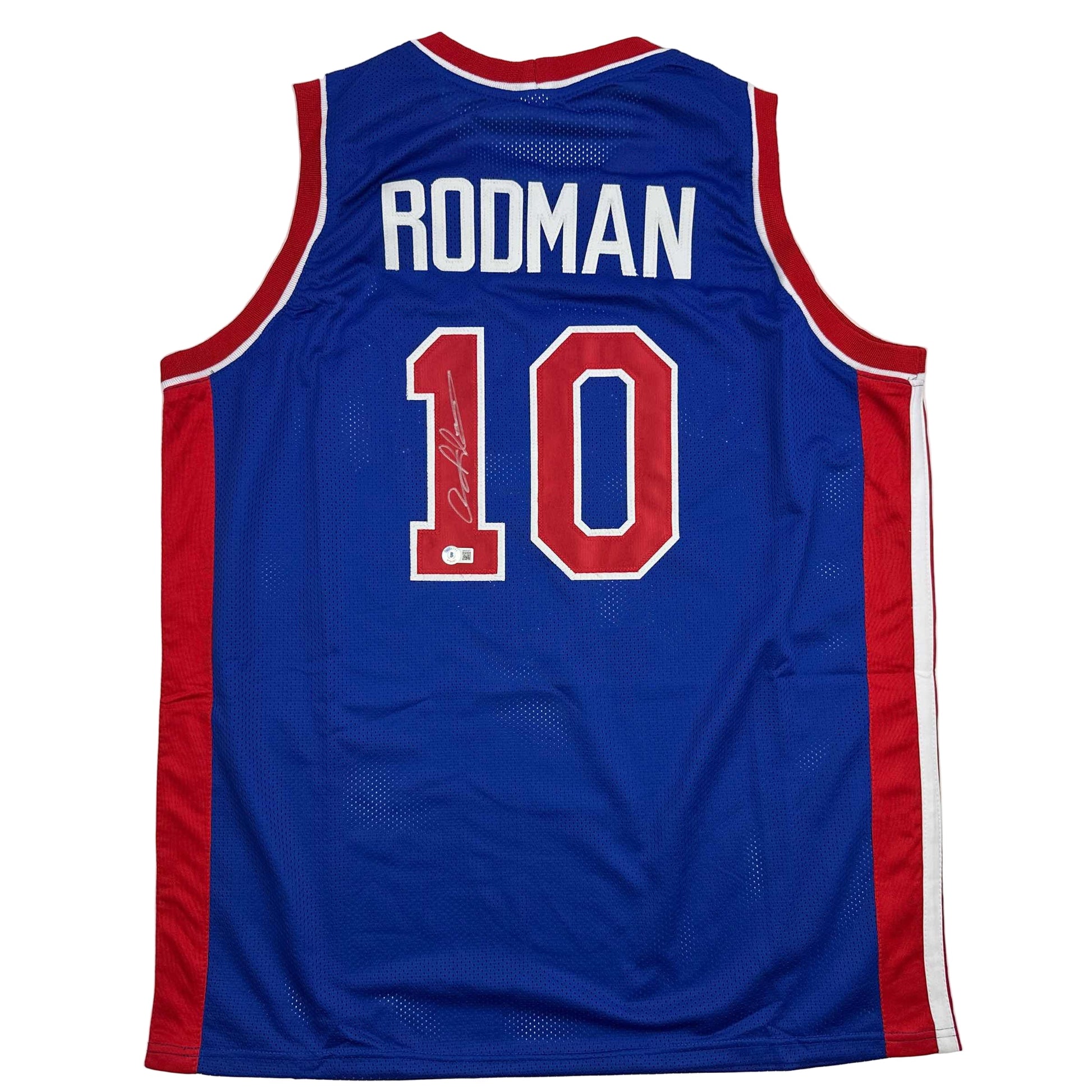 Autographed/Signed Dennis Rodman Detroit Blue Basketball Jersey Beckett BAS COA - Sport Cards