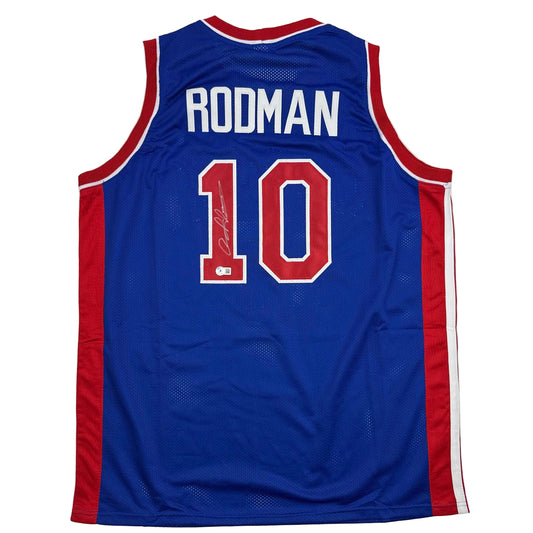 Autographed/Signed Dennis Rodman Detroit Blue Basketball Jersey Beckett BAS COA - Sport Cards