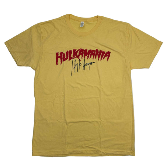 Autographed/Signed Hulk Hogan Hulkamania Yellow WWE Wrestling Shirt T-Shirt Beckett BAS COA