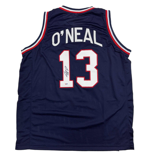 Autographed/Signed Shaquille Shaq O'Neal USA United States Blue Basketball Jersey PSA/DNA COA - Sport Cards