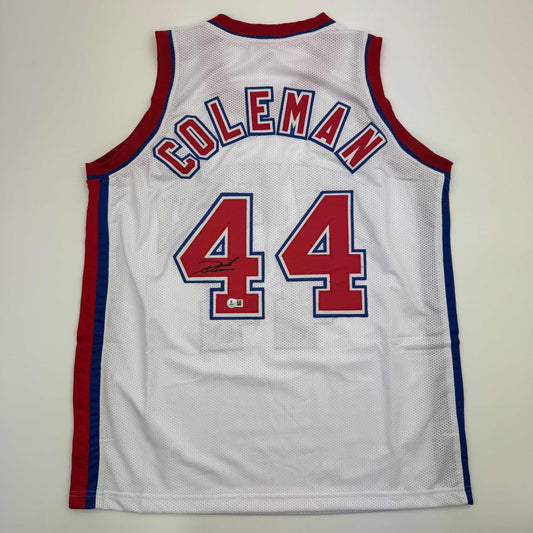 Autographed/Signed Derrick Coleman New Jersey NJ White Basketball Jersey Beckett BAS COA - Sport Cards