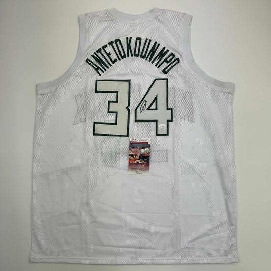 Autographed/Signed Giannis Antetokounmpo Milwaukee White Basketball Jersey JSA COA #2