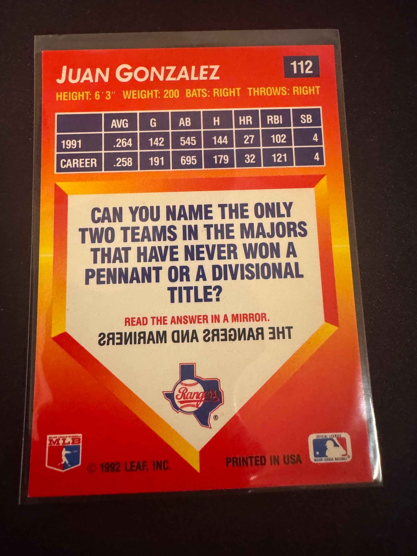 1992 Donruss Triple Play #112 Juan Gonzalez Card