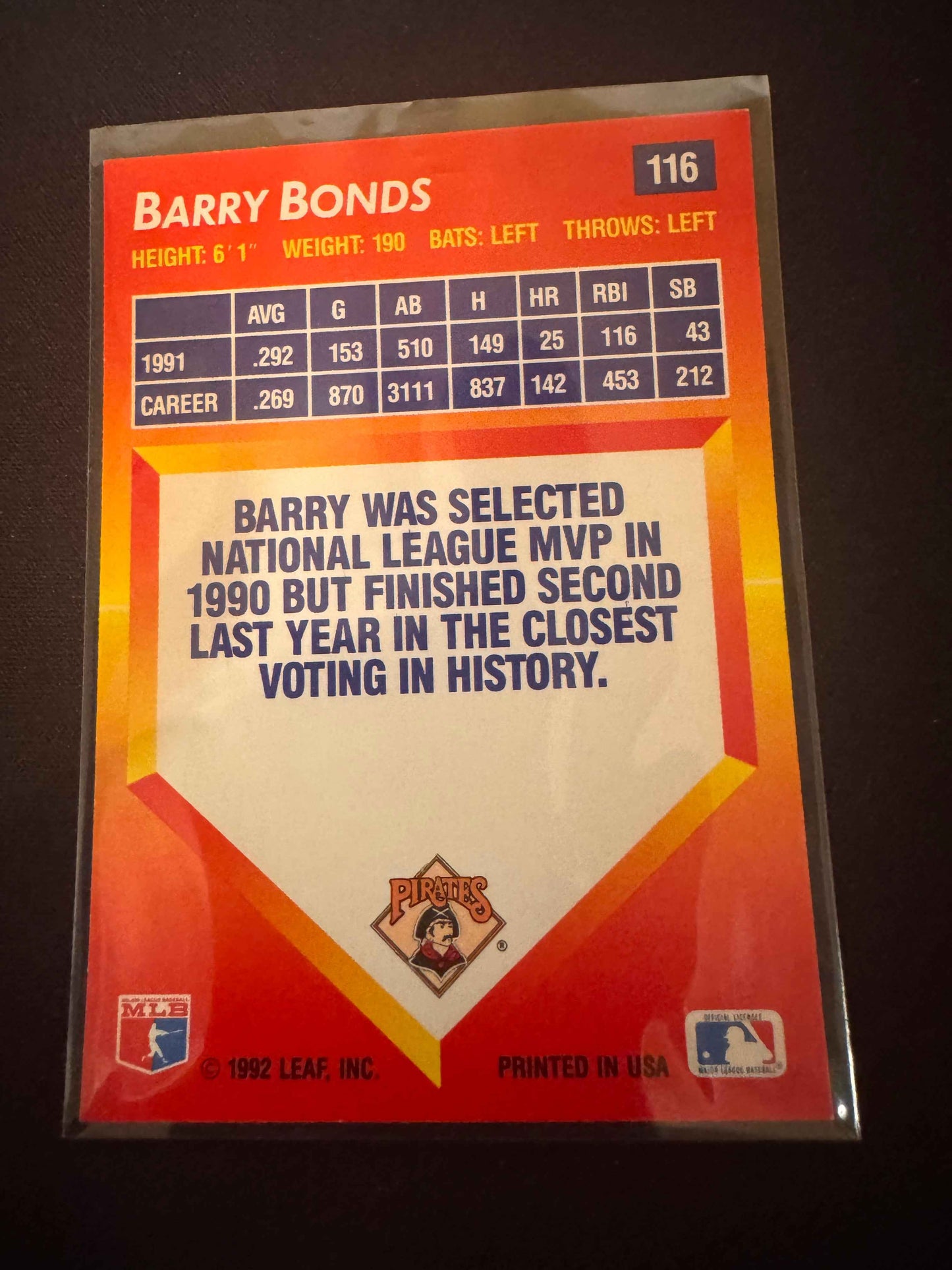 1992 Donruss Triple Play #116 Barry Bonds Card
