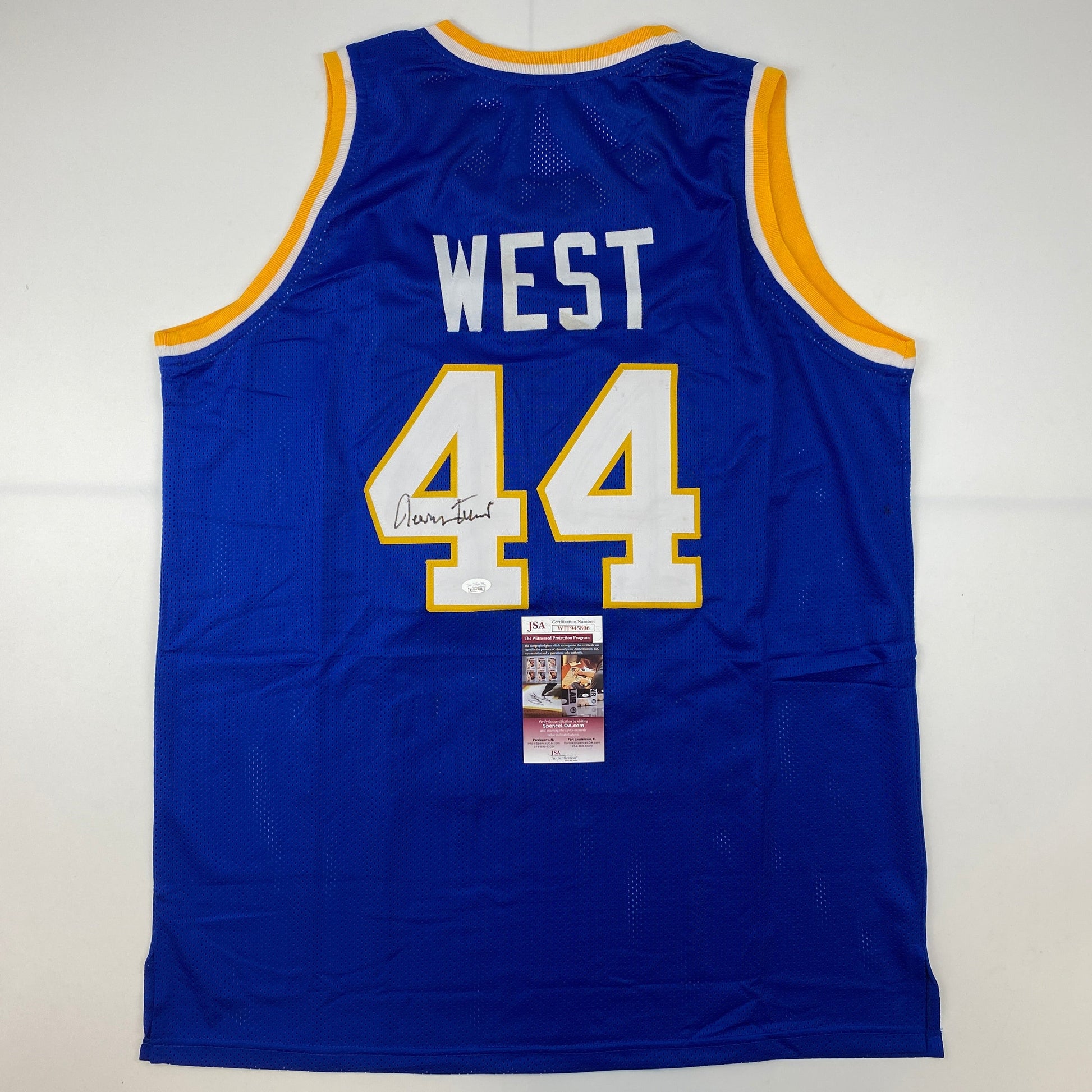 Autographed/Signed Jerry West West Virginia Blue College Basketball Jersey JSA COA - Sport Cards