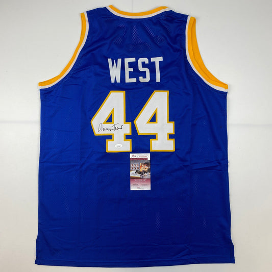 Autographed/Signed Jerry West West Virginia Blue College Basketball Jersey JSA COA - Sport Cards