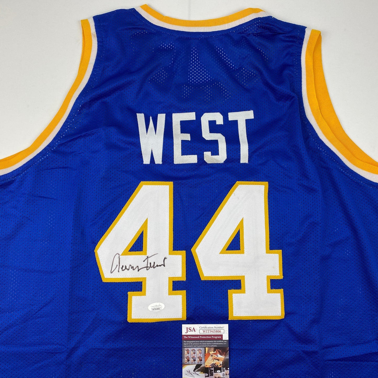 Autographed/Signed Jerry West West Virginia Blue College Basketball Jersey JSA COA - Sport Cards